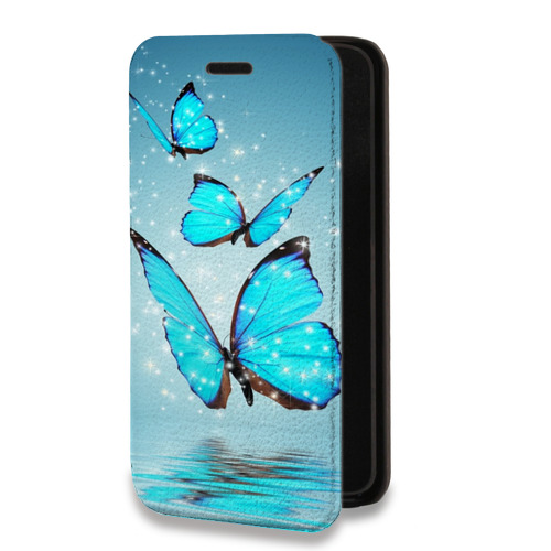 Дизайнерский горизонтальный чехол-книжка для Iphone 14 Бабочки голубые