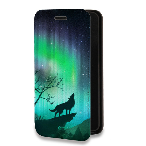 Дизайнерский горизонтальный чехол-книжка для Iphone 6/6s Северное сияние и волк
