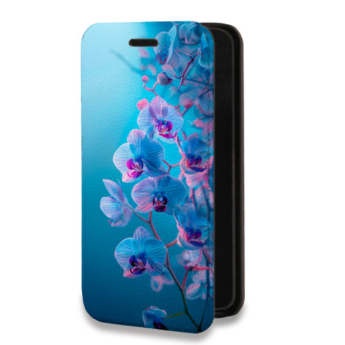 Дизайнерский горизонтальный чехол-книжка для Samsung Galaxy A12 голубые орхидеи