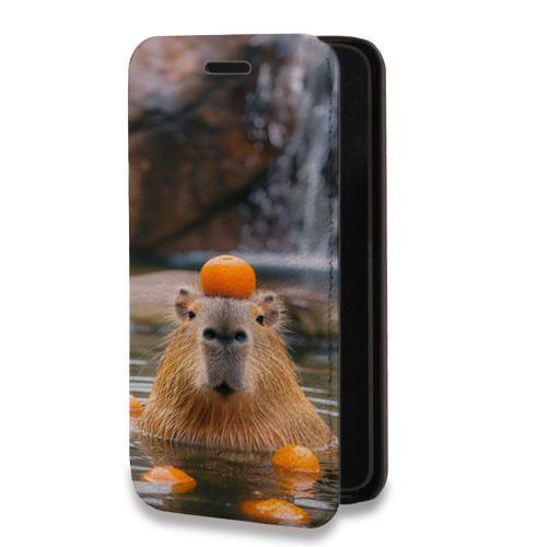 Дизайнерский горизонтальный чехол-книжка для Samsung Galaxy A12 Капибара с апельсином