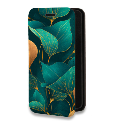 Дизайнерский горизонтальный чехол-книжка для Samsung Galaxy A12 Листья и золото