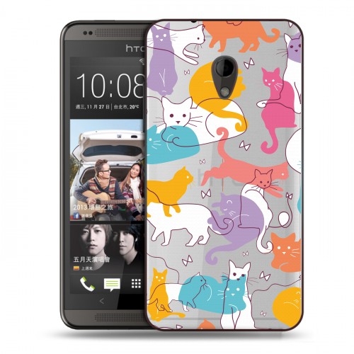 Полупрозрачный дизайнерский пластиковый чехол для HTC Desire 700 Прозрачные кошки