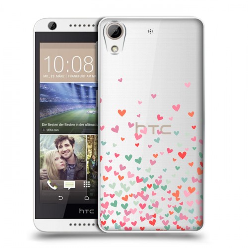 Полупрозрачный дизайнерский пластиковый чехол для HTC Desire 626 Прозрачные сердечки
