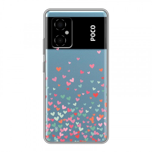 Полупрозрачный дизайнерский силиконовый с усиленными углами чехол для Xiaomi Poco M4 5G Прозрачные сердечки