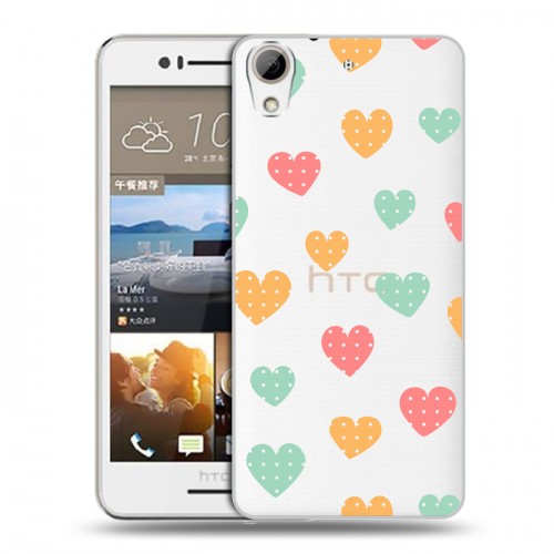 Полупрозрачный дизайнерский пластиковый чехол для HTC Desire 728 Прозрачные сердечки