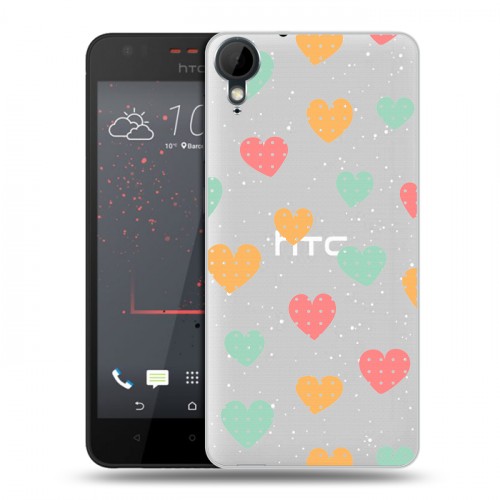 Полупрозрачный дизайнерский пластиковый чехол для HTC Desire 825 Прозрачные сердечки