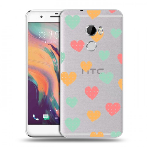 Полупрозрачный дизайнерский пластиковый чехол для HTC One X10 Прозрачные сердечки