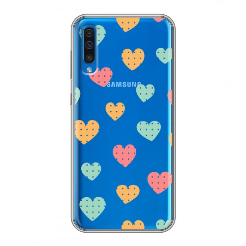 Полупрозрачный дизайнерский силиконовый чехол для Samsung Galaxy A50 Прозрачные сердечки