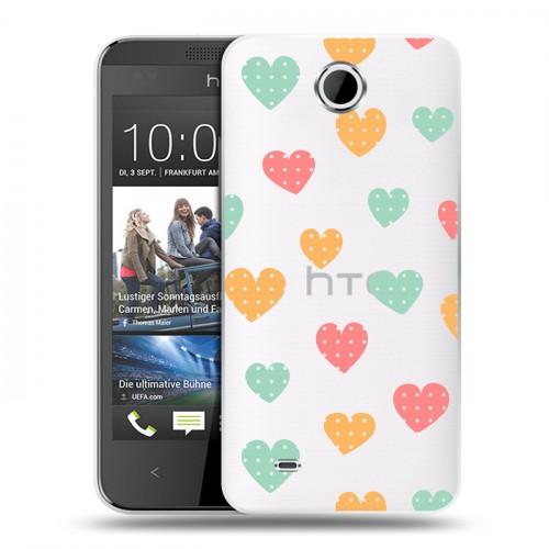 Полупрозрачный дизайнерский пластиковый чехол для HTC Desire 300 Прозрачные сердечки