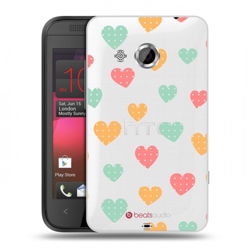 Полупрозрачный дизайнерский пластиковый чехол для HTC Desire 200 Прозрачные сердечки
