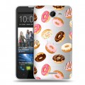 Полупрозрачный дизайнерский пластиковый чехол для HTC Desire 516 Прозрачные пончики