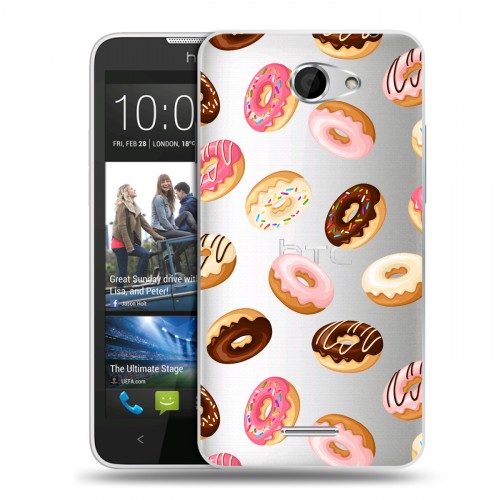 Полупрозрачный дизайнерский пластиковый чехол для HTC Desire 516 Прозрачные пончики