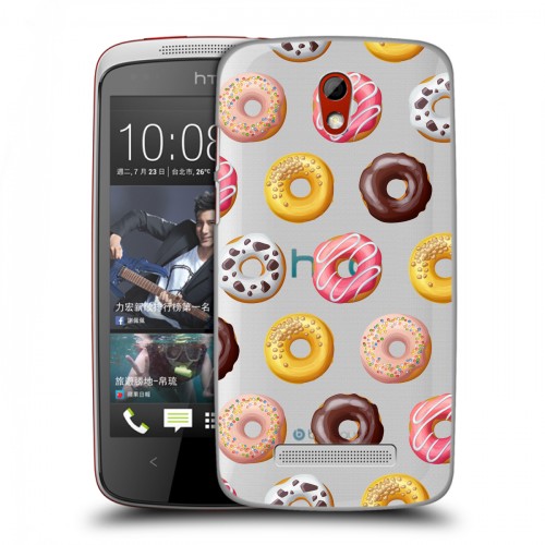 Полупрозрачный дизайнерский пластиковый чехол для HTC Desire 500 Прозрачные пончики
