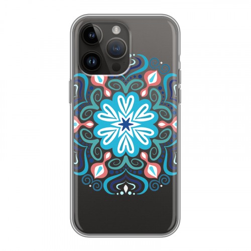 Полупрозрачный дизайнерский пластиковый чехол для Iphone 14 Pro Max Голубые мандалы