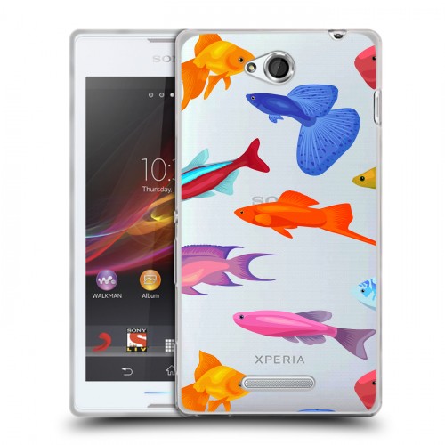 Полупрозрачный дизайнерский пластиковый чехол для Sony Xperia C Прозрачные рыбы