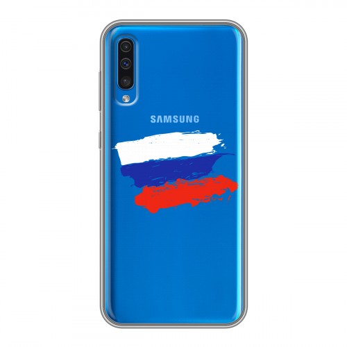 Полупрозрачный дизайнерский силиконовый чехол для Samsung Galaxy A50 Российский флаг