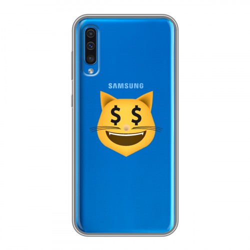 Полупрозрачный дизайнерский пластиковый чехол для Samsung Galaxy A50 Кошка - стикер