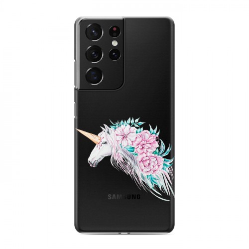 Полупрозрачный дизайнерский пластиковый чехол для Samsung Galaxy S21 Ultra Прозрачные цветочки