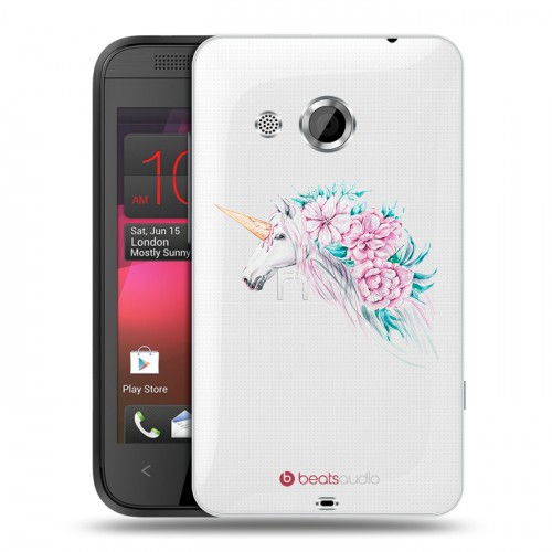 Полупрозрачный дизайнерский пластиковый чехол для HTC Desire 200 Прозрачные цветочки