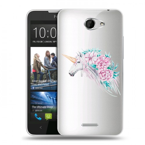 Полупрозрачный дизайнерский пластиковый чехол для HTC Desire 516 Прозрачные цветочки