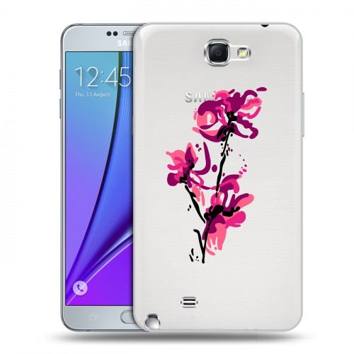 Полупрозрачный дизайнерский пластиковый чехол для Samsung Galaxy Note 2 Прозрачные цветочки