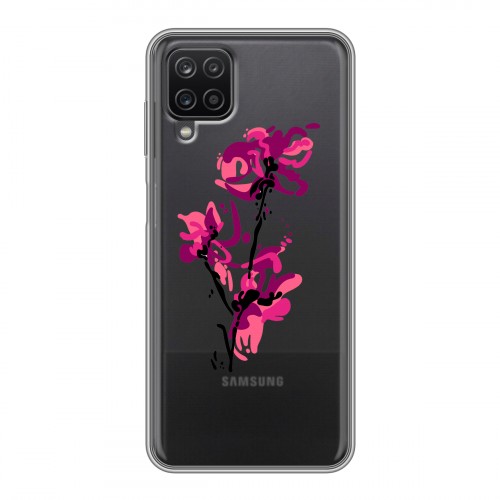Полупрозрачный дизайнерский пластиковый чехол для Samsung Galaxy A12 Прозрачные цветочки