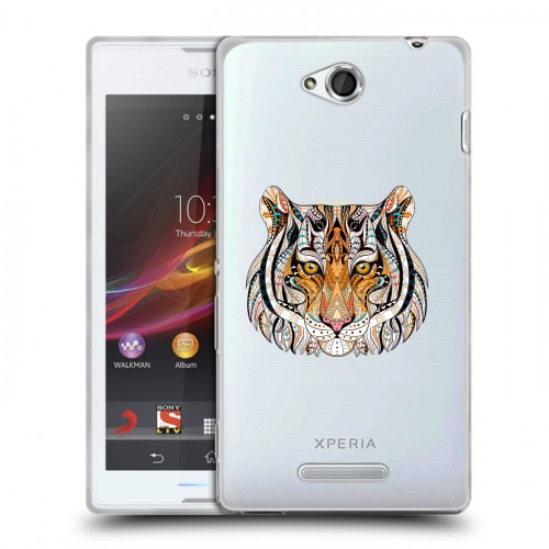 Полупрозрачный дизайнерский пластиковый чехол для Sony Xperia C Прозрачные тигры