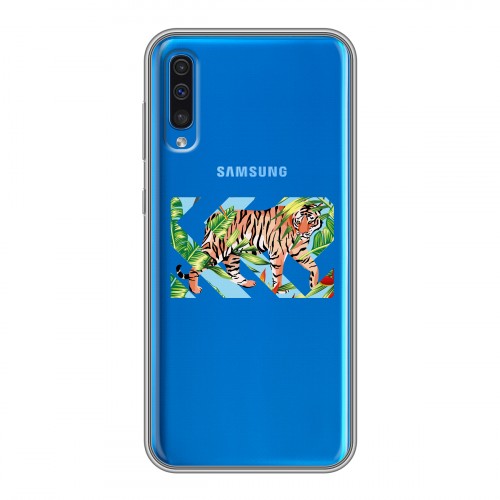 Полупрозрачный дизайнерский пластиковый чехол для Samsung Galaxy A50 Прозрачные тигры