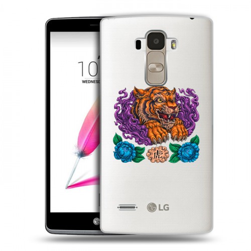 Полупрозрачный дизайнерский пластиковый чехол для LG G4 Stylus Прозрачный тигр