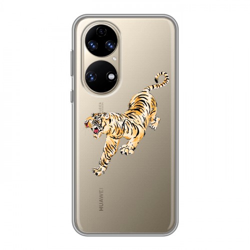 Полупрозрачный дизайнерский силиконовый чехол для Huawei P50 Pro Прозрачный тигр