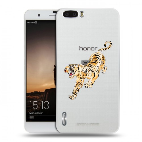 Полупрозрачный дизайнерский силиконовый чехол для Huawei Honor 6 Plus Прозрачный тигр