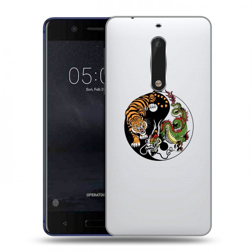 Полупрозрачный дизайнерский пластиковый чехол для Nokia 5 Прозрачный тигр