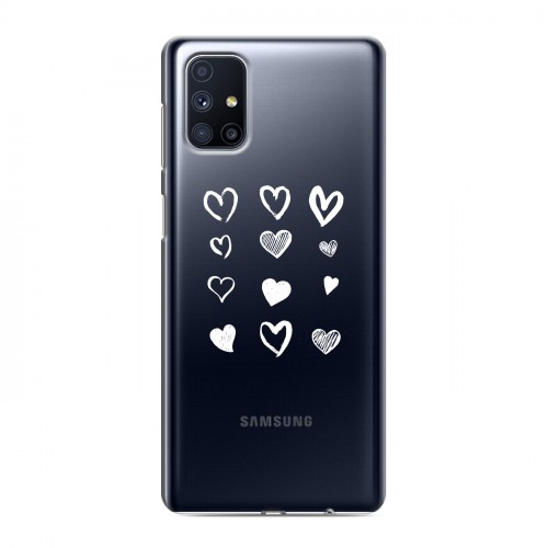 Полупрозрачный дизайнерский силиконовый с усиленными углами чехол для Samsung Galaxy M51 Прозрачные сердечки