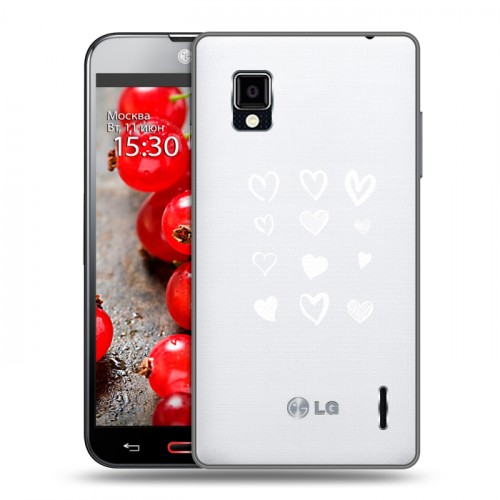 Полупрозрачный дизайнерский пластиковый чехол для LG Optimus G Прозрачные сердечки