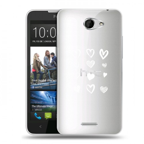 Полупрозрачный дизайнерский пластиковый чехол для HTC Desire 516 Прозрачные сердечки