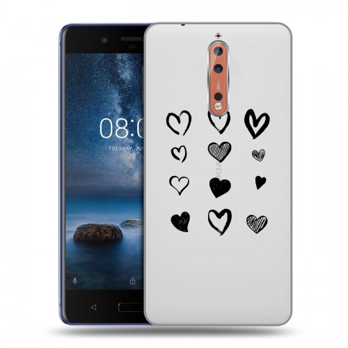 Полупрозрачный дизайнерский пластиковый чехол для Nokia 8 Прозрачные сердечки