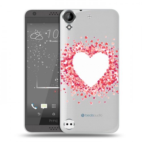 Полупрозрачный дизайнерский пластиковый чехол для HTC Desire 530 Прозрачные сердечки
