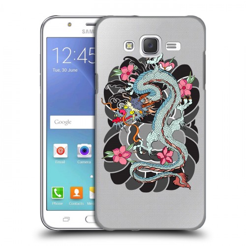 Полупрозрачный дизайнерский пластиковый чехол для Samsung Galaxy J5 Прозрачные Драконы