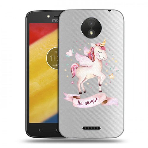 Полупрозрачный дизайнерский пластиковый чехол для Motorola Moto C Plus Прозрачные лошади и единороги 