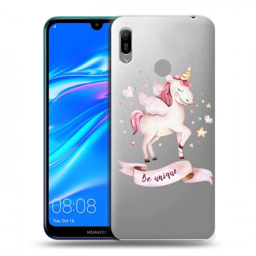 Полупрозрачный дизайнерский пластиковый чехол для Huawei Y6 (2019) Прозрачные лошади и единороги 