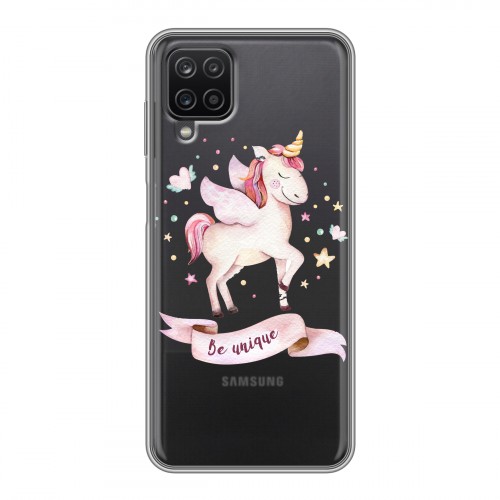 Полупрозрачный дизайнерский пластиковый чехол для Samsung Galaxy A12 Прозрачные лошади и единороги 