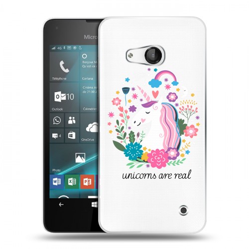 Полупрозрачный дизайнерский пластиковый чехол для Microsoft Lumia 550 Прозрачные лошади и единороги 