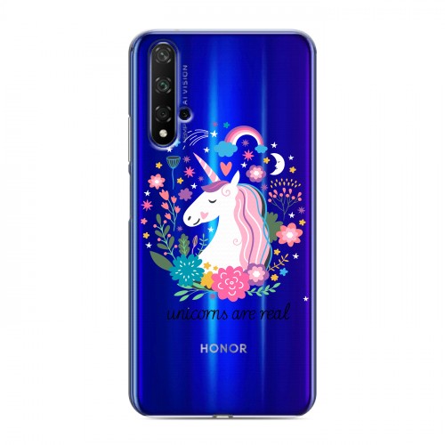 Полупрозрачный дизайнерский пластиковый чехол для Huawei Honor 20 Прозрачные лошади и единороги 