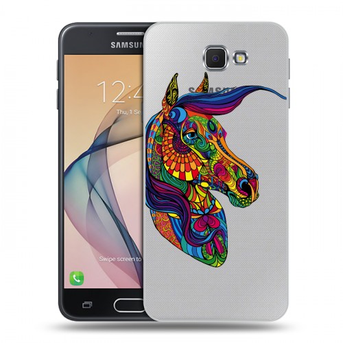 Полупрозрачный дизайнерский пластиковый чехол для Samsung Galaxy J5 Prime Прозрачные лошади и единороги 