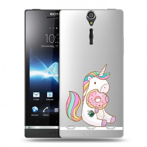 Полупрозрачный дизайнерский пластиковый чехол для Sony Xperia S Единорог и пончик