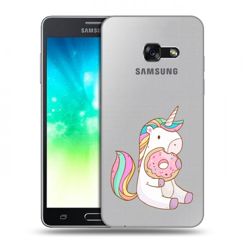 Полупрозрачный дизайнерский силиконовый с усиленными углами чехол для Samsung Galaxy A3 (2017) Единорог и пончик