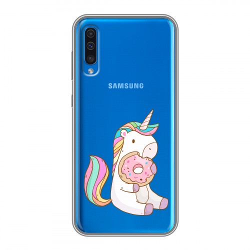 Полупрозрачный дизайнерский силиконовый с усиленными углами чехол для Samsung Galaxy A50 Единорог и пончик