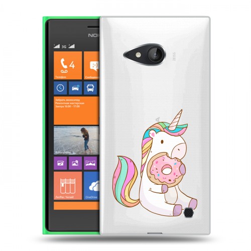Полупрозрачный дизайнерский пластиковый чехол для Nokia Lumia 730/735 Единорог и пончик