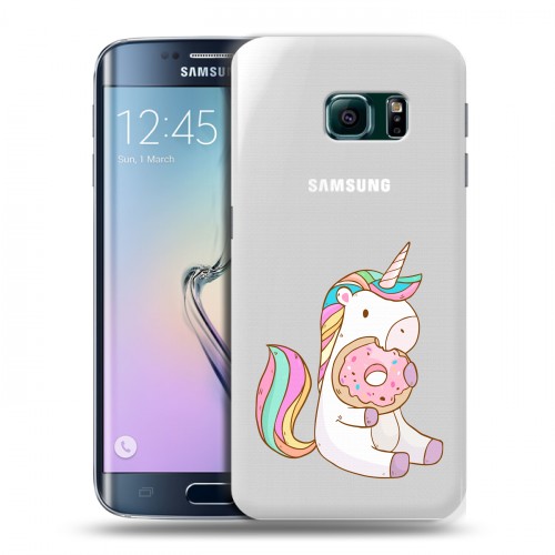 Полупрозрачный дизайнерский пластиковый чехол для Samsung Galaxy S6 Edge Единорог и пончик