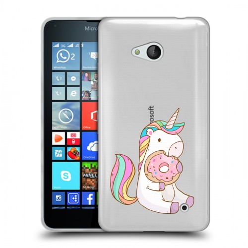 Полупрозрачный дизайнерский пластиковый чехол для Microsoft Lumia 640 Единорог и пончик